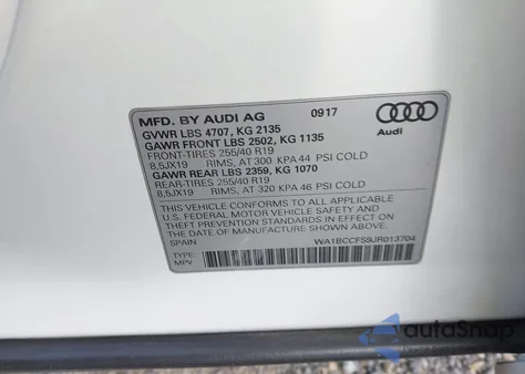 2018 Audi Q3 2.0T Premium/2.0T Sport Premium z USA, uszkodzony, nr VIN WA1BCCFS9JR013704